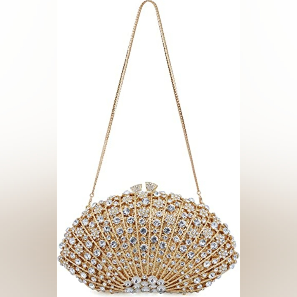 NEW Shell Shape Clutch Purse Sparkling Bling Crystal Rhinestones Silver or Gold - Picture 9 of 11